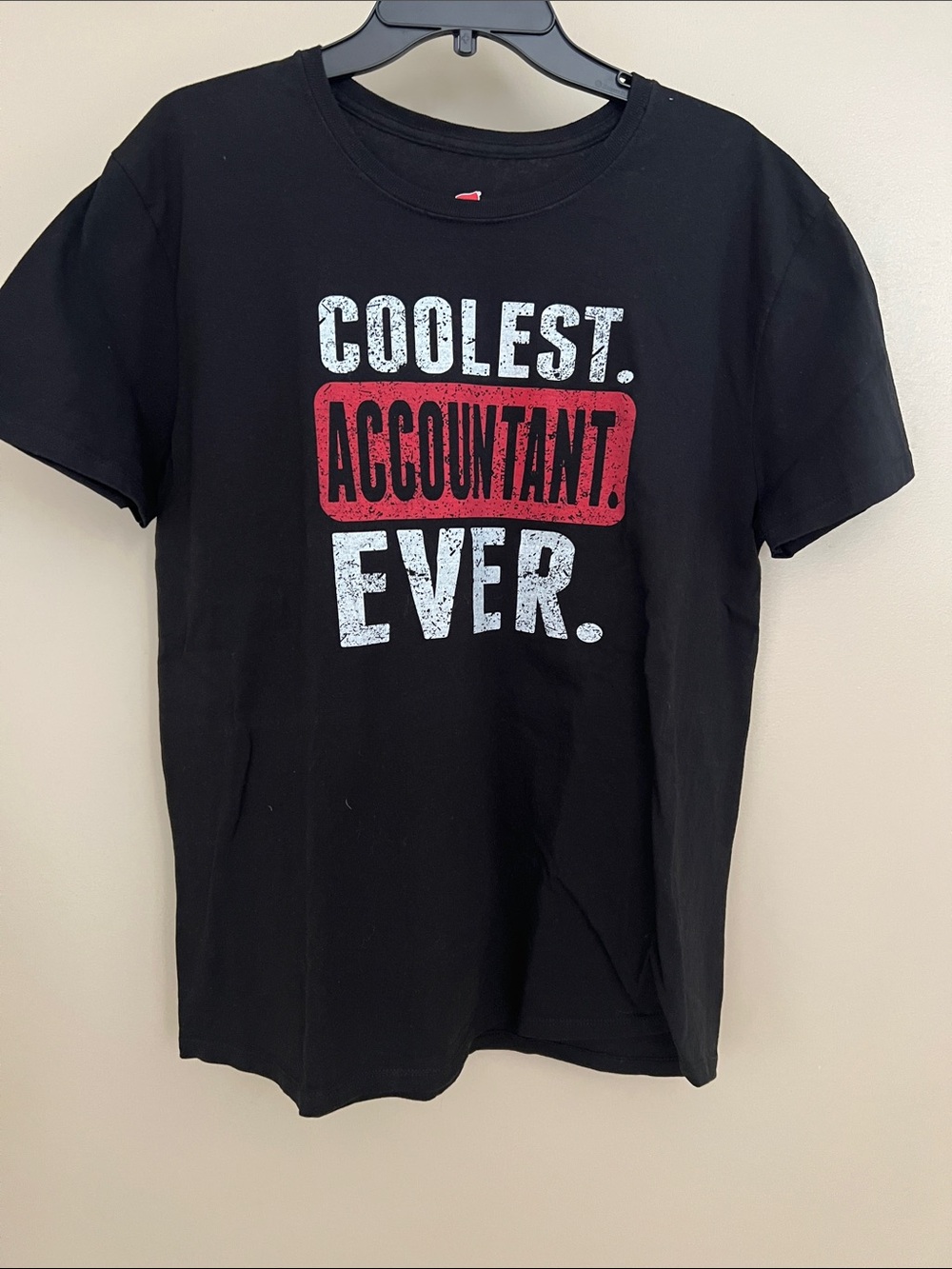 Hanes “COOLEST ACCOUNTANT EVER”Black Short Sleeve Tee with White and Red Graphic